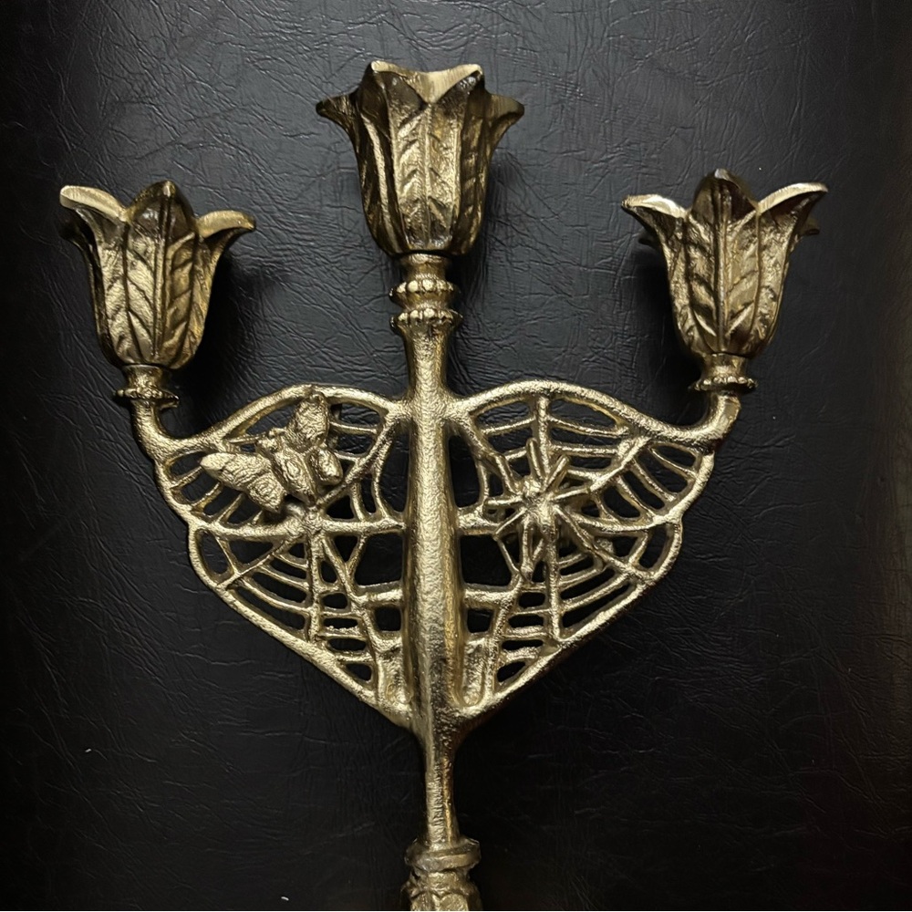 Victorian Halloween Candelabra Gold Metal Triple Taper Holder Gothic Threshold